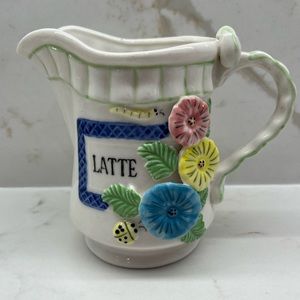 Kitschy Cute Floral Latte Pitcher Fine Porcelain with Lady Bug and Worm